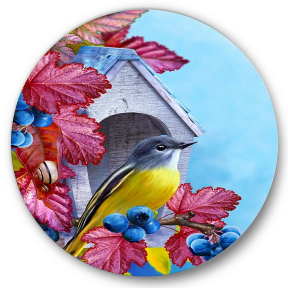 Designart 'Titmouse Bird Sitting On A Berries Branch Near A Birdhouse' Traditional Circle Metal Wall Art 11x11 - Disc of 11