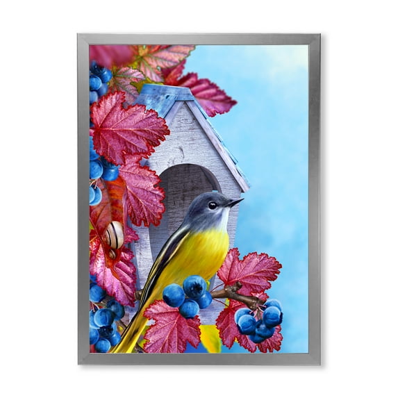 Designart 'Titmouse Bird Sitting On A Berries Branch Near A Birdhouse' Traditional Framed Art Print