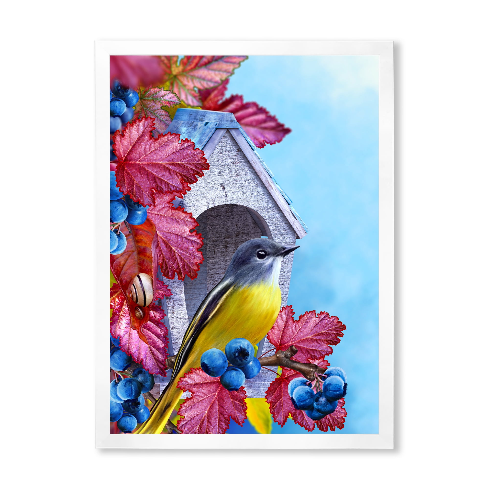 Designart 'Titmouse Bird Sitting On A Berries Branch Near A Birdhouse' Traditional Framed Art Print