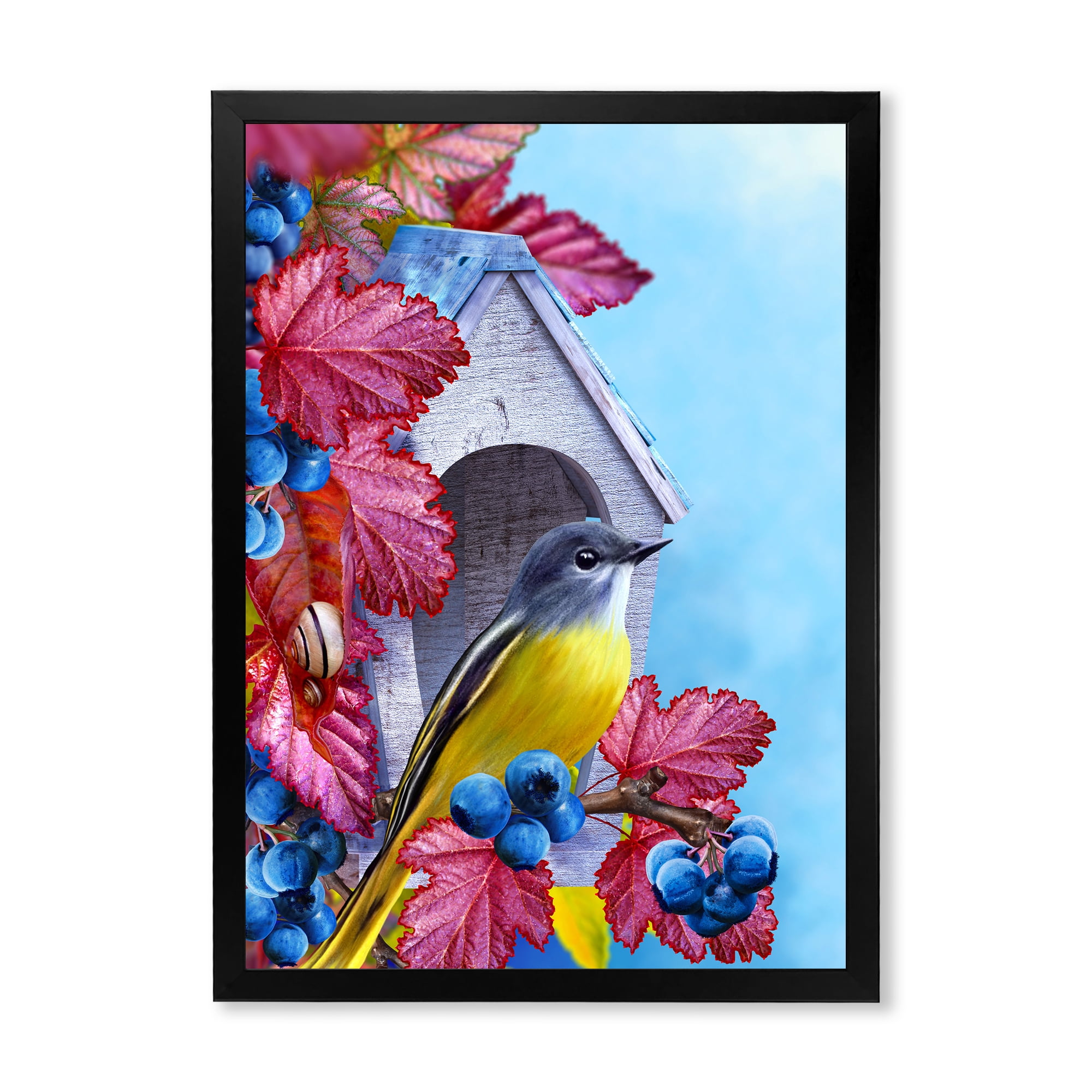 Designart 'Titmouse Bird Sitting On A Berries Branch Near A Birdhouse' Traditional Framed Art Print