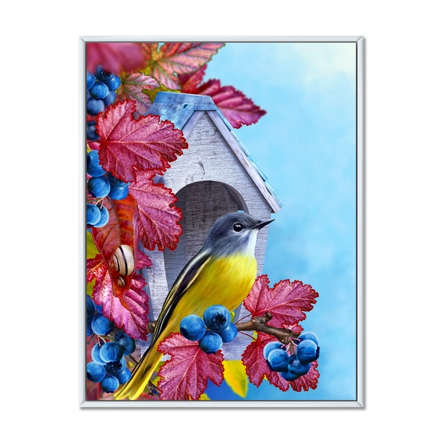 Designart 'Titmouse Bird Sitting On A Berries Branch Near A Birdhouse' Traditional Framed Canvas Wall Art Print