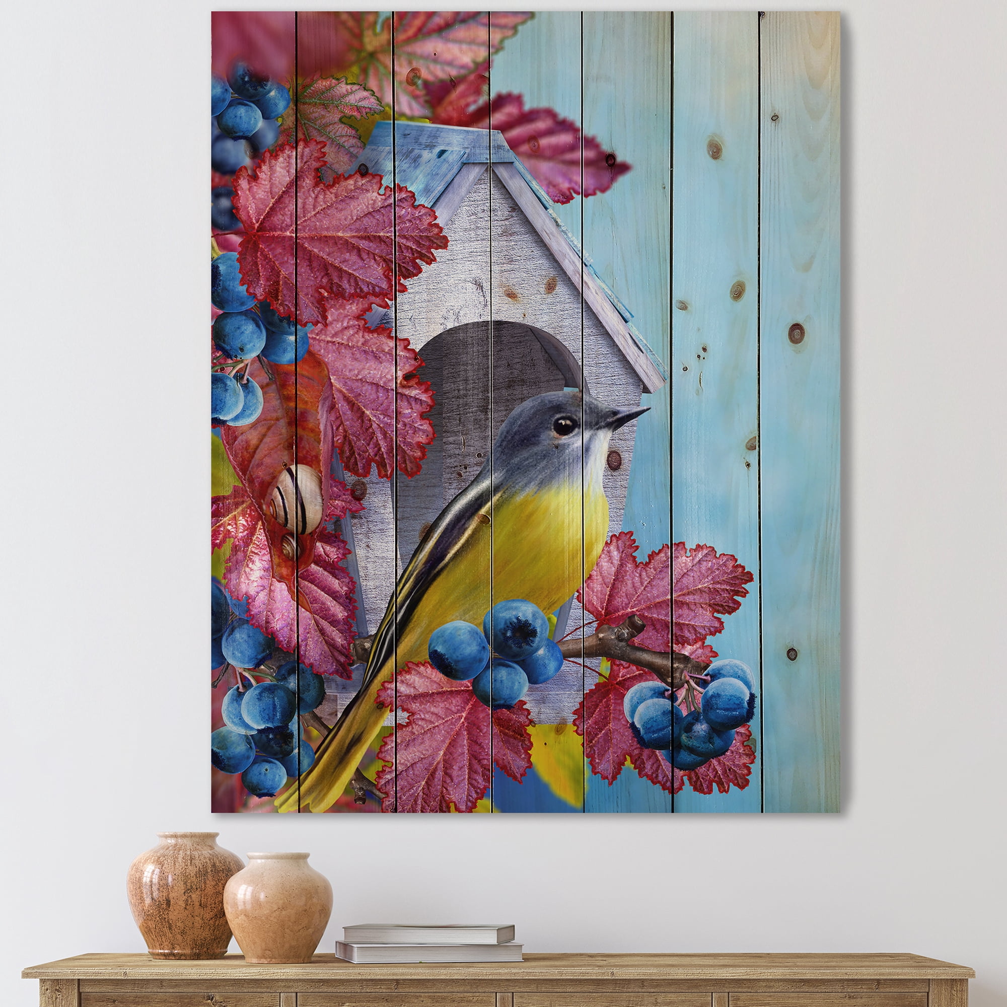 Designart 'Titmouse Bird Sitting On A Berries Branch Near A Birdhouse' Traditional Print on Natural Pine Wood