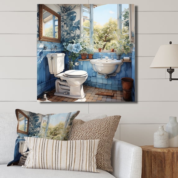Designart "Toilet Charm In Blue I" Bath & Laundry Metal Wall Art Prints