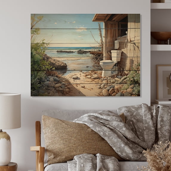Designart "Toilet Coastal Bathroom Escape II" Bath & Laundry Print on Natural Pine Wood