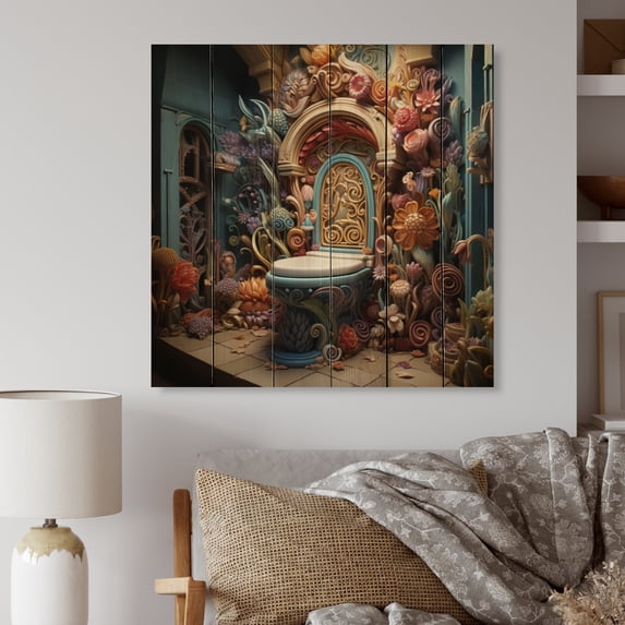 Designart "Toilet curious Wonderland I" Bath & Laundry Print on Natural Pine Wood