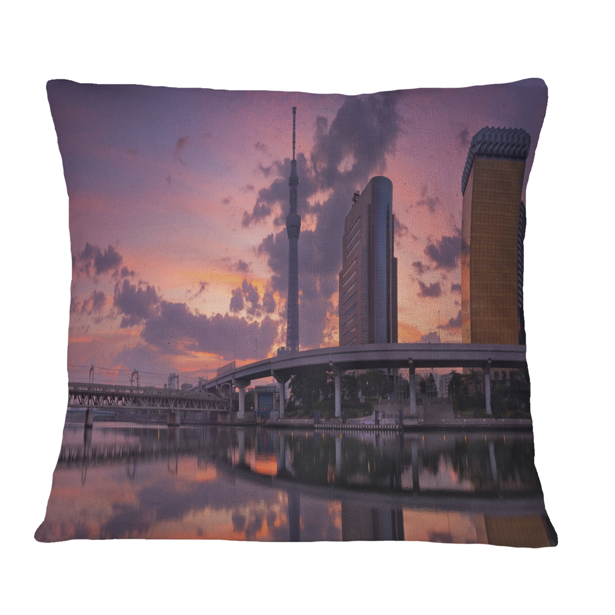 Designart Tokyo Sky Tree and Sumida River - Landscape Printed Throw Pillow - 18x18
