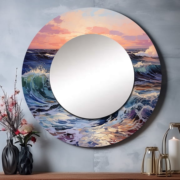 Designart "Tonalism Charm Of The I" Beach & Ocean Rund Mirror For Wall Decor - Large Teal Round Print Mirror - Round Coastal Mirror 23" x 23" Inch - Wall Mounted Round Large Mirror