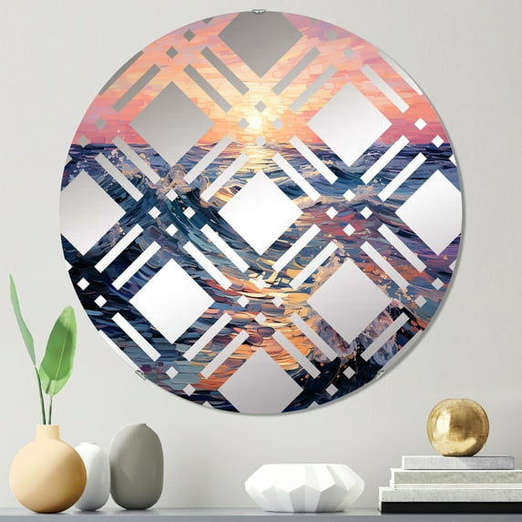Designart "Tonalism Charm Of The II" Nautical & Beach Plaid Round Wall Mirror - Beach Oval Printed Decorative Mirror - Multiple Color Options