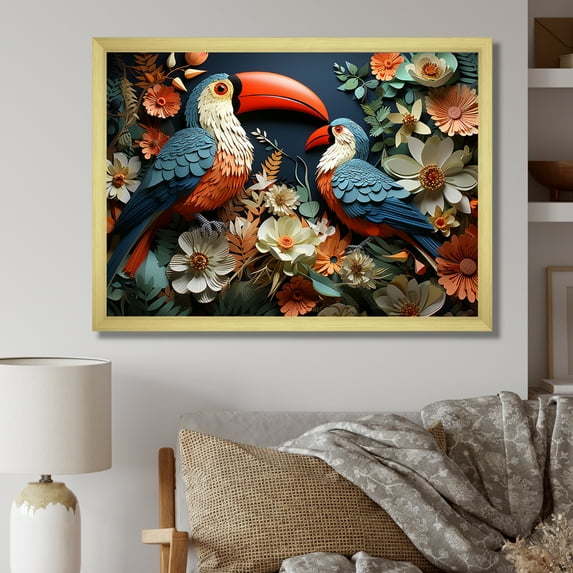 Designart "Toucan Collage Blue and Pink Tropics II" Animals Framed Wall Art Decor - Modern Farmhouse Red Toucan Hallway Framed Wall Art Decor
