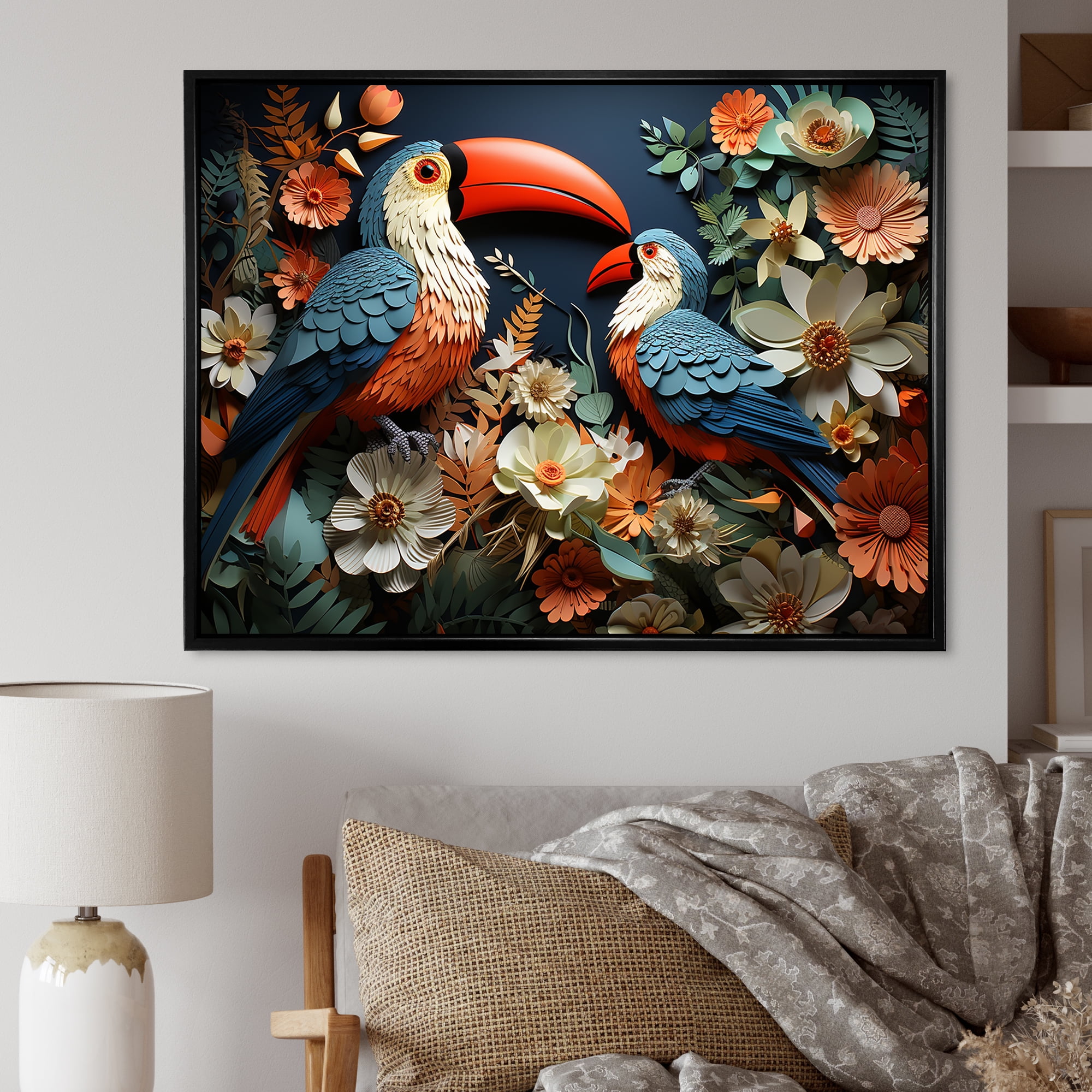 Designart "Toucan Collage Blue and Pink Tropics II" Animals Framed Wall