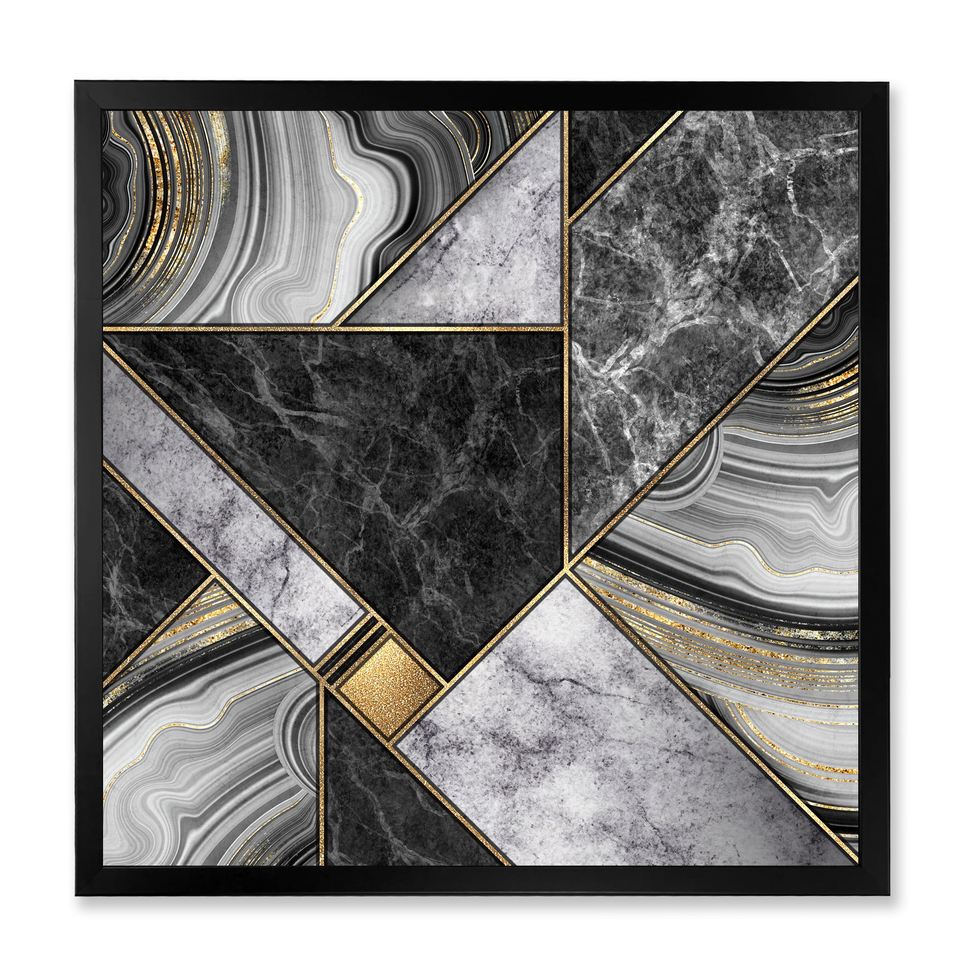 Designart 'Touches Of Gold With Marble Granite Agate' Modern Framed Art Print