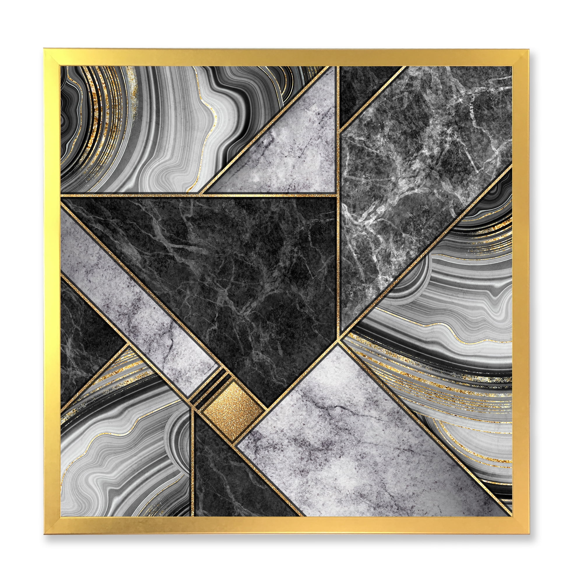 Designart 'Touches Of Gold With Marble Granite Agate' Modern Framed Art Print