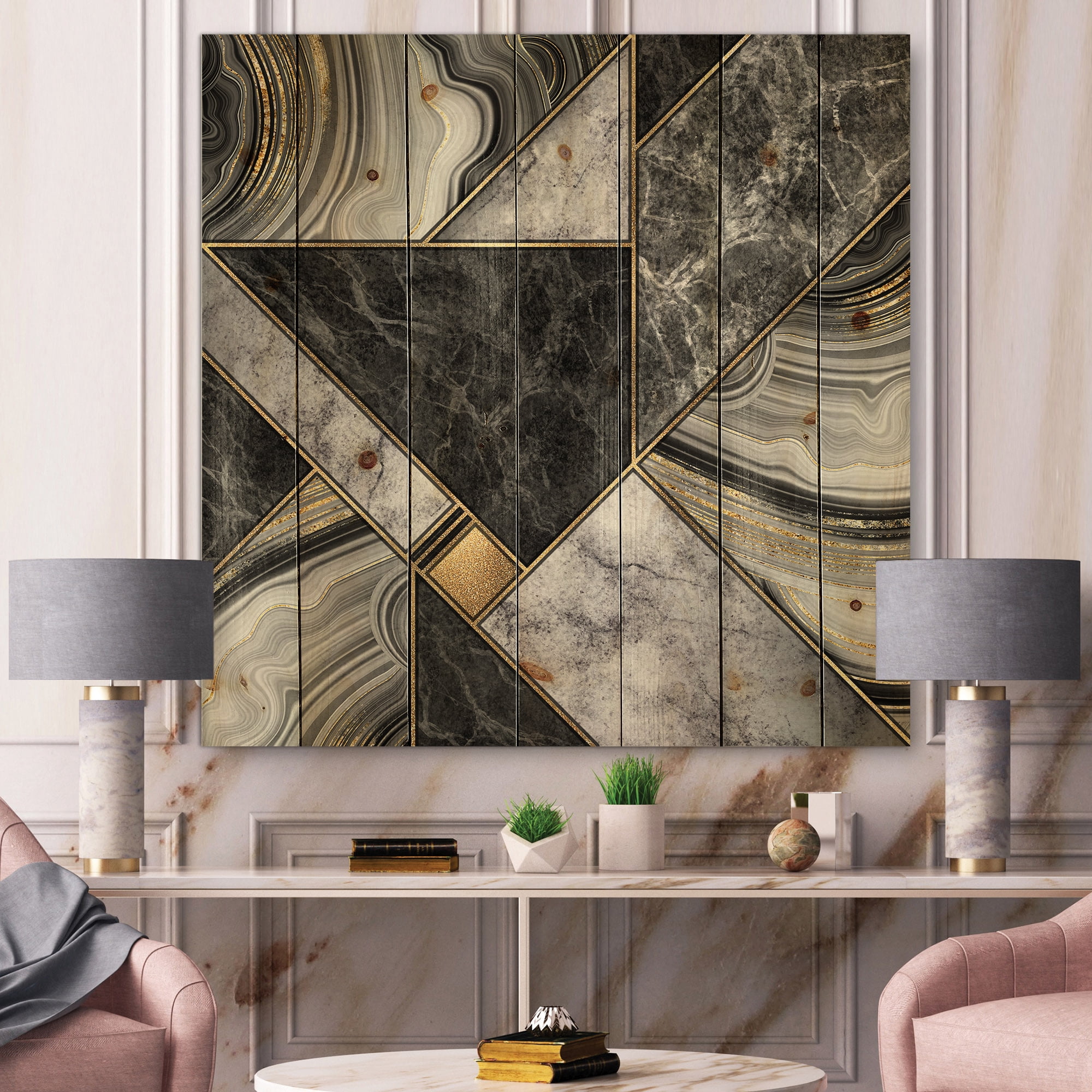 Designart 'Touches Of Gold With Marble Granite Agate' Modern Print on Natural Pine Wood