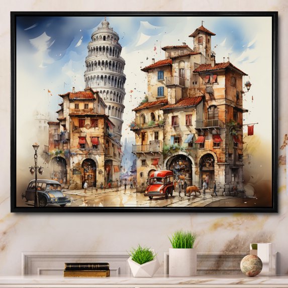 Designart "Tower Magic Italy Leaning wall art" Italy Floater Framed Canvas Art Print