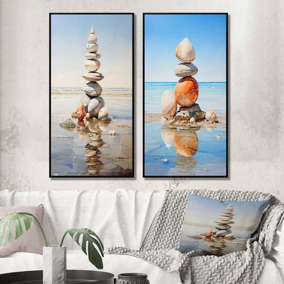 Designart "Towering Shells A Minimalist Beachscape II" Abstract Botanicals Framed Wall Art Set Of 2 - Blue Floral Framed Canvas Set For Living Room Decor