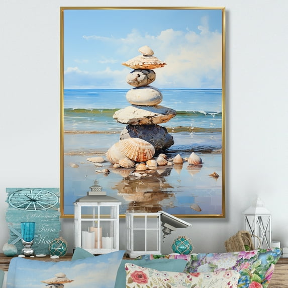 Designart "Towering Shells A Minimalist Beachscape III" Abstract Botanicals Floater Framed Wall Art Print