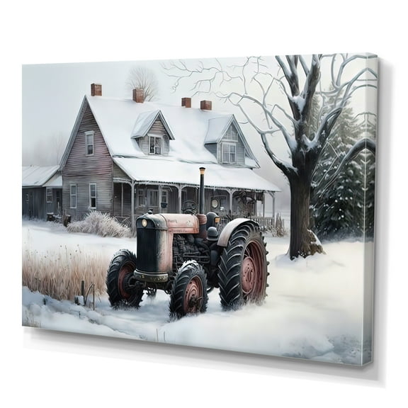 Designart Tractor At The Barn In Winter I Canvas Wall Art