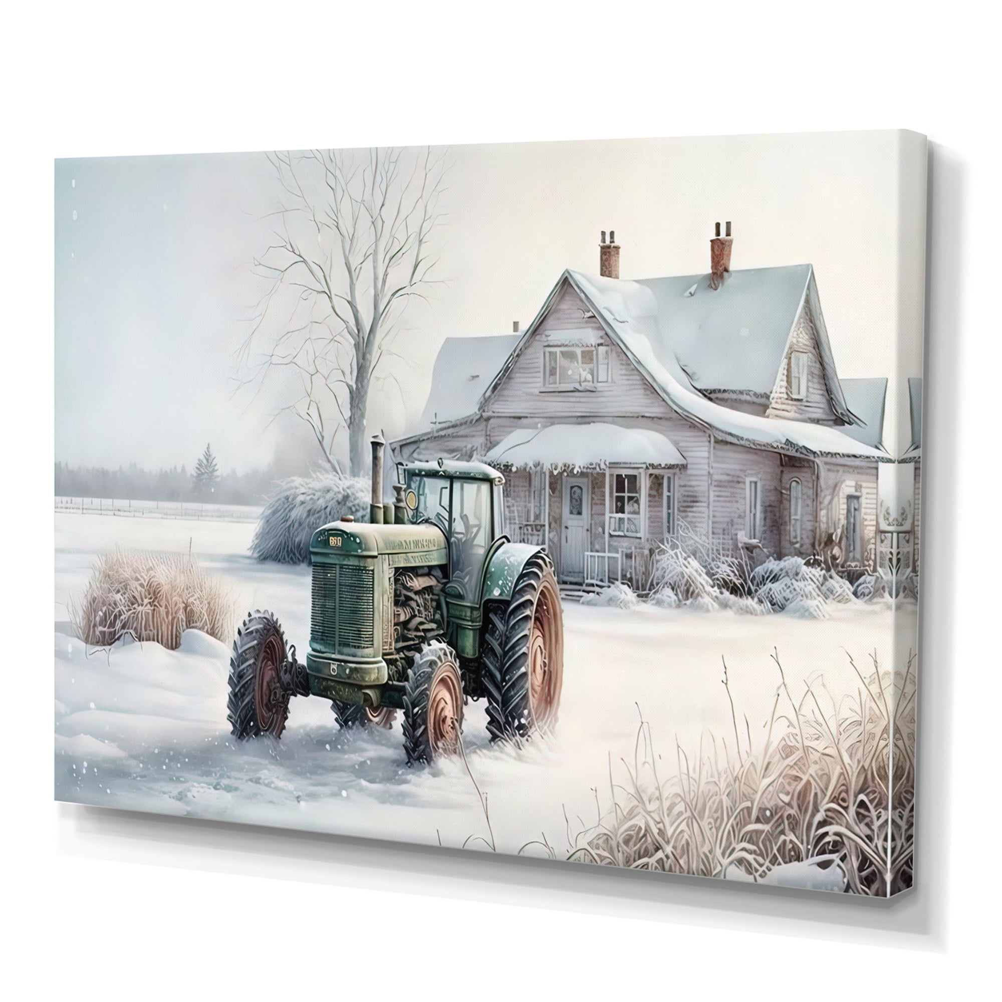 Designart Tractor At The Barn In Winter II Canvas Wall Art