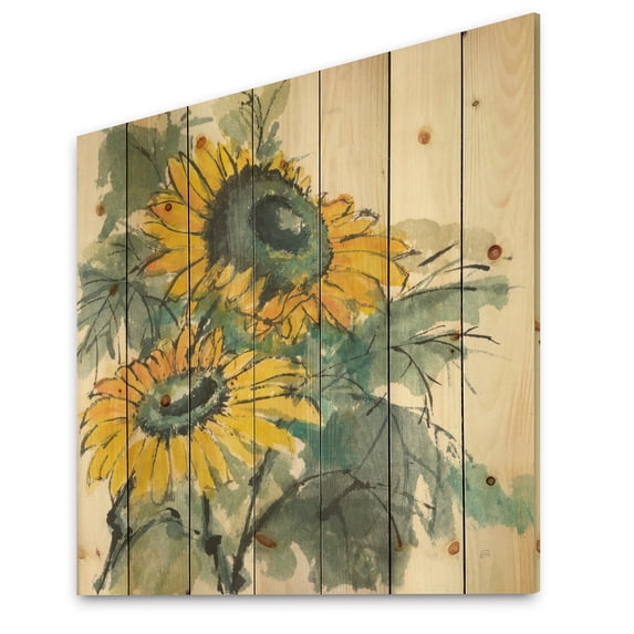 Designart 'Tradionnal Sunflower I' Cabin & Lodge Print on Natural Pine Wood