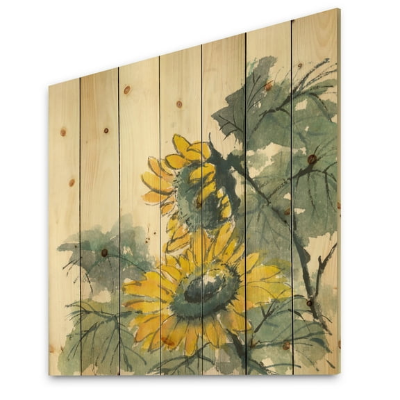 Designart 'Tradionnal Sunflower II' Cabin & Lodge Print on Natural Pine Wood