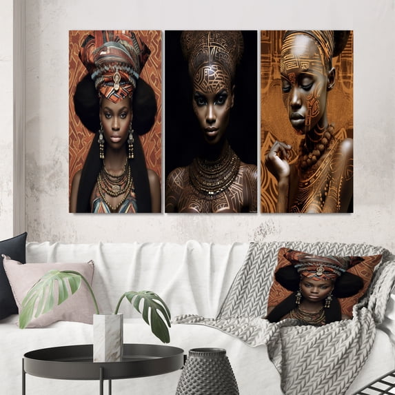 Designart "Traditional African Beauty in Sunset Hues" African American Woman Wall Art Set Of 3 - Woman African American Brown Gallery Set For Office Decor