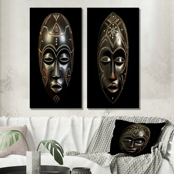 Designart "Traditional African Mask Ethnically Crafted II" African Tribal Wall Art Set Of 2 - Black People Gallery Set For Office Decor