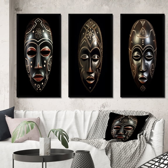 Designart "Traditional African Mask Ethnically Crafted III" African Tribal Framed Wall Art Set Of 3 - Black African Tribal Frame Canvas Set For Living Room Decor