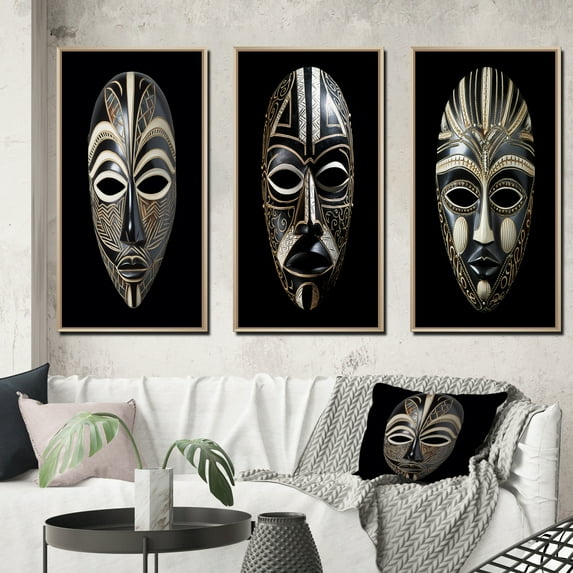 Designart "Traditional African Mask Ethnically Crafted XII" African Tribal Framed Wall Art Set Of 3 - Black African Tribal Frame Canvas Set For Living Room Decor