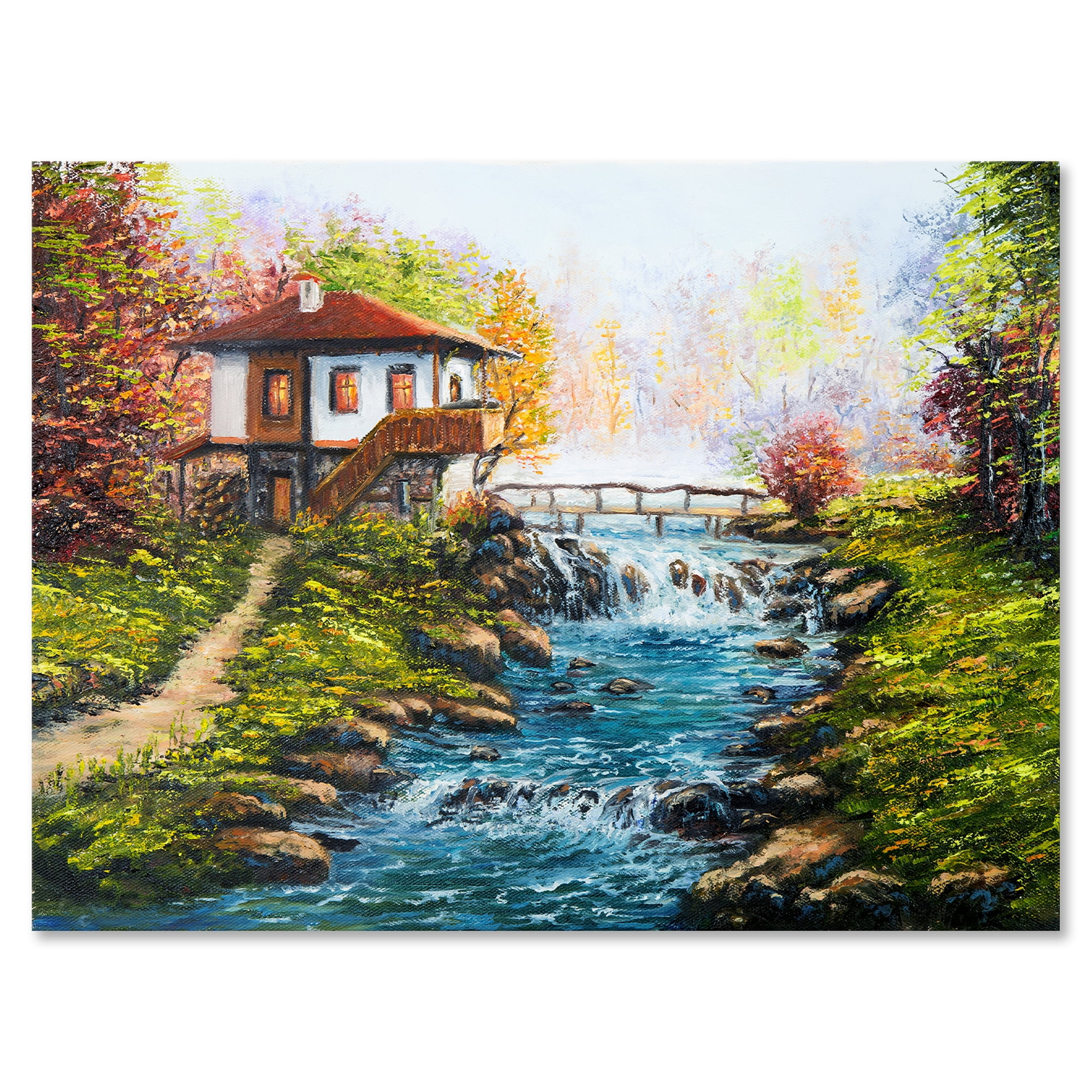 Designart ' Traditional Bulgarian River and House ' Lake House Canvas Wall Art Print