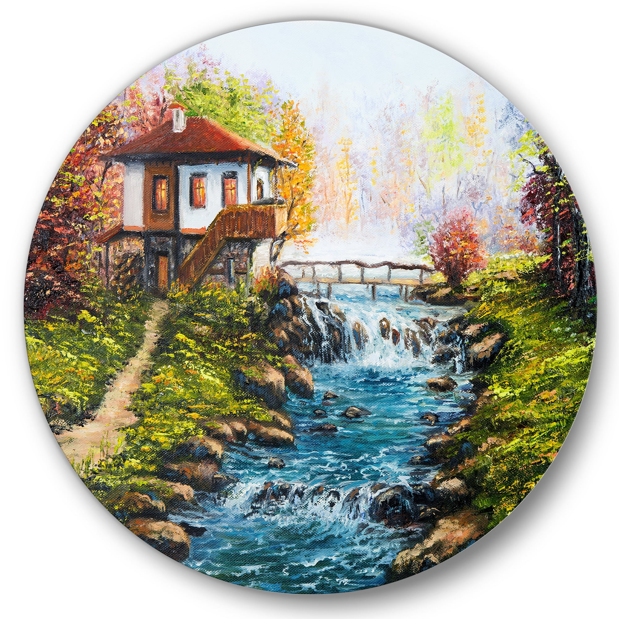 Designart 'Traditional Bulgarian River and House' Lake House Circle Metal Wall Art 29x29 - Disc of 29