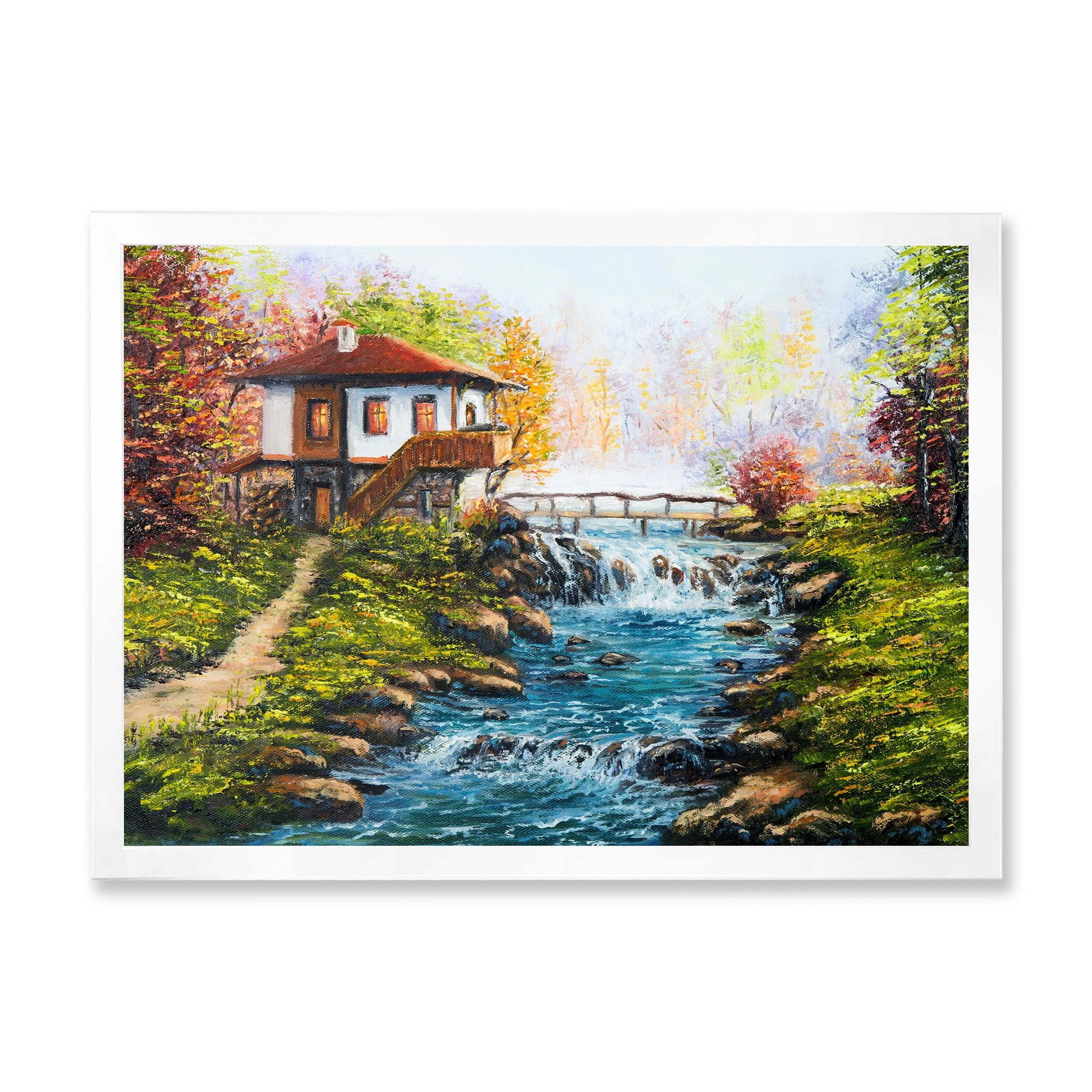 Designart 'Traditional Bulgarian River and House' Lake House Framed Art Print