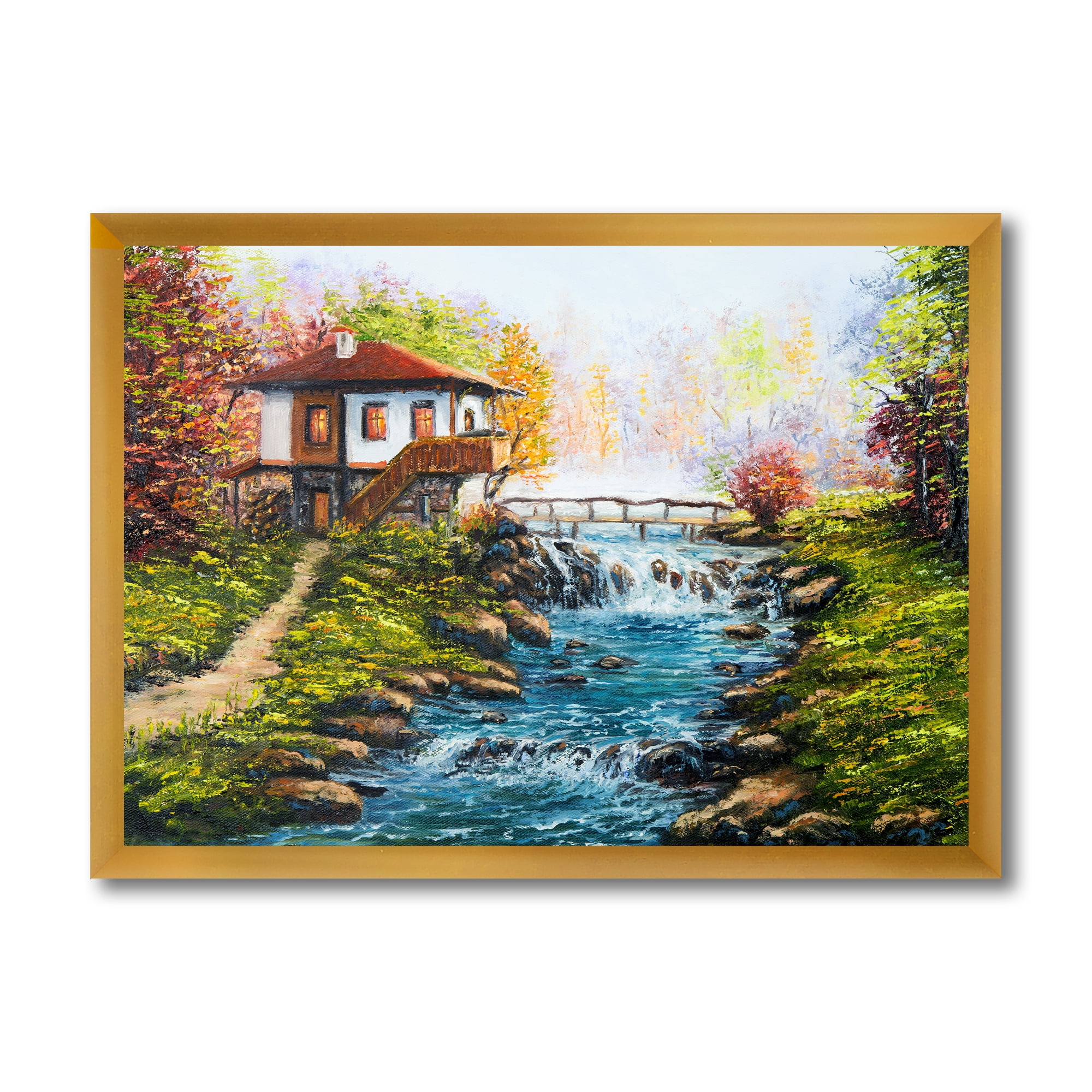 Designart 'Traditional Bulgarian River and House' Lake House Framed Art Print
