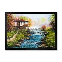 Designart 'Traditional Bulgarian River and House' Lake House Framed Art Print