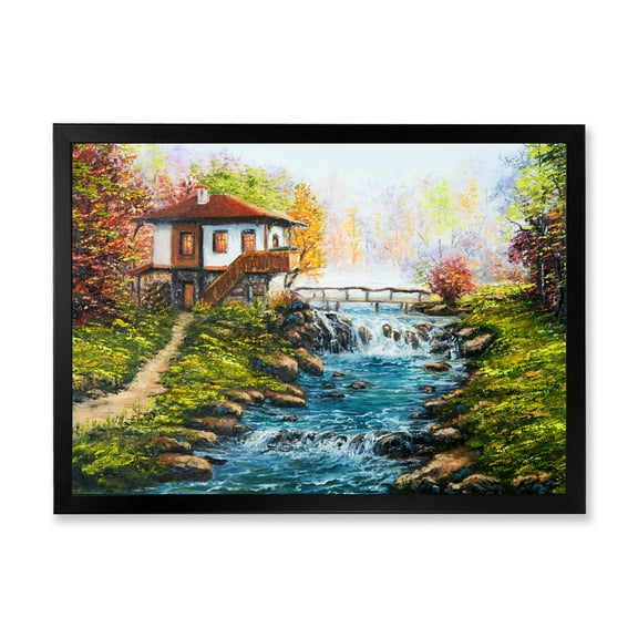 Designart 'Traditional Bulgarian River and House' Lake House Framed Art Print