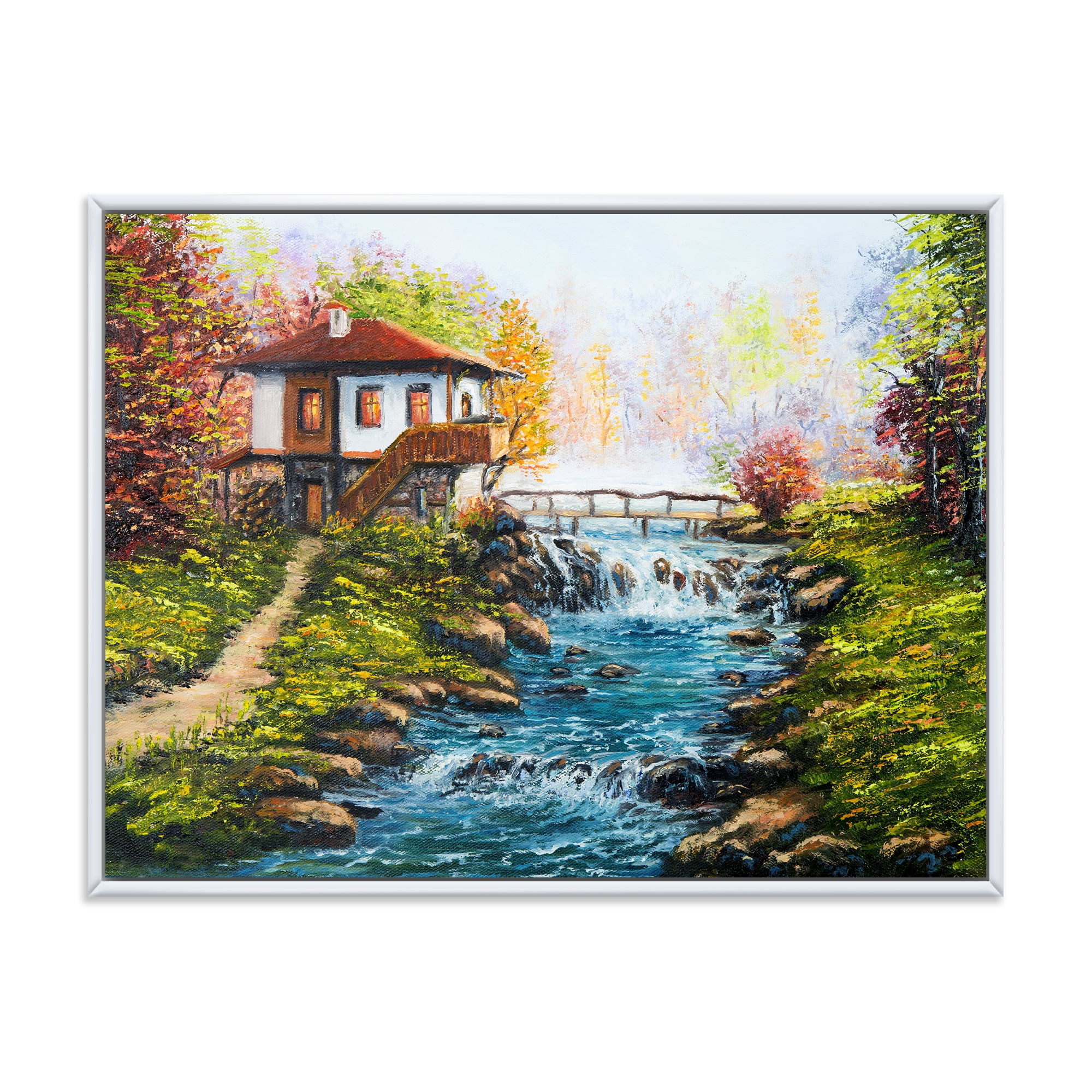 Designart 'Traditional Bulgarian River and House' Lake House Framed Canvas Wall Art Print