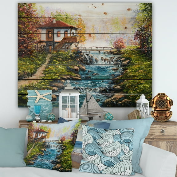 Designart 'Traditional Bulgarian River and House' Lake House Print on Natural Pine Wood
