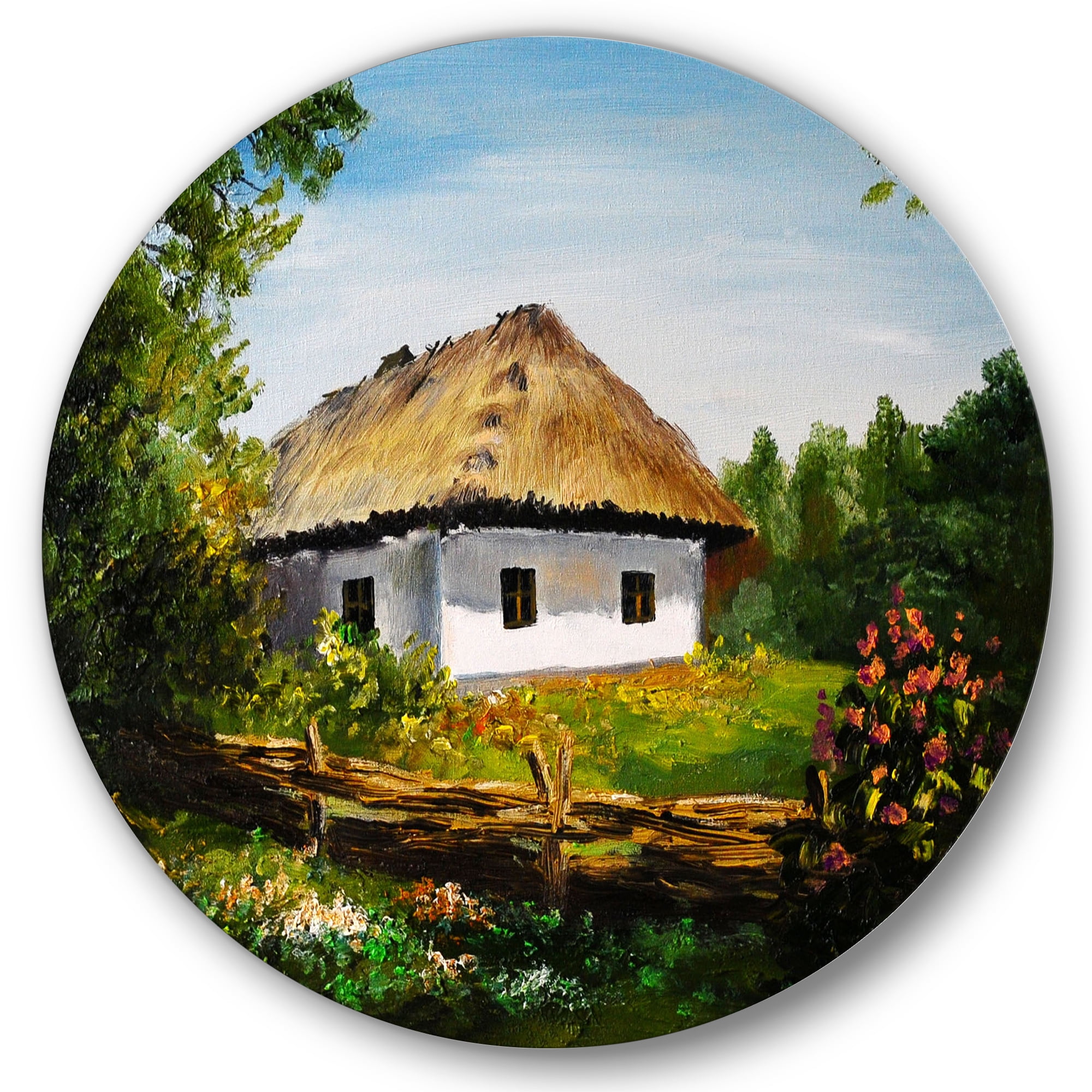 Designart 'Traditional Cottage At Sunrise In Summer' Traditional Circle Metal Wall Art 29x29 - Disc of 29