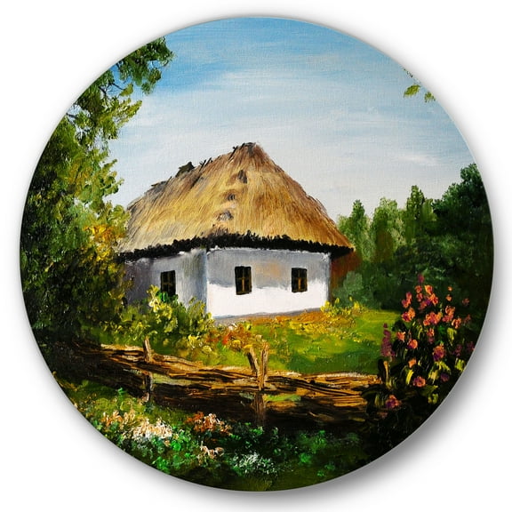 Designart 'Traditional Cottage At Sunrise In Summer' Traditional Circle Metal Wall Art 36x36 - Disc of 36