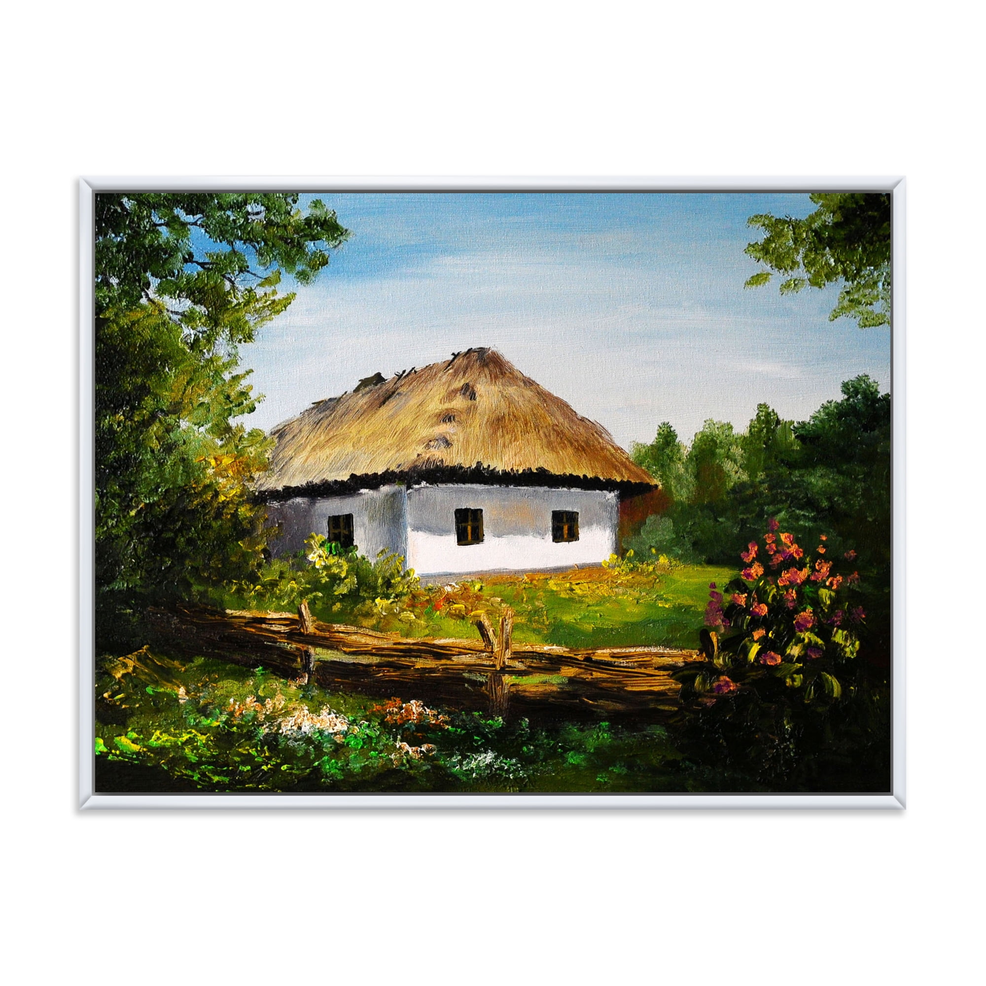 Designart 'Traditional Cottage At Sunrise In Summer' Traditional Framed Canvas Wall Art Print