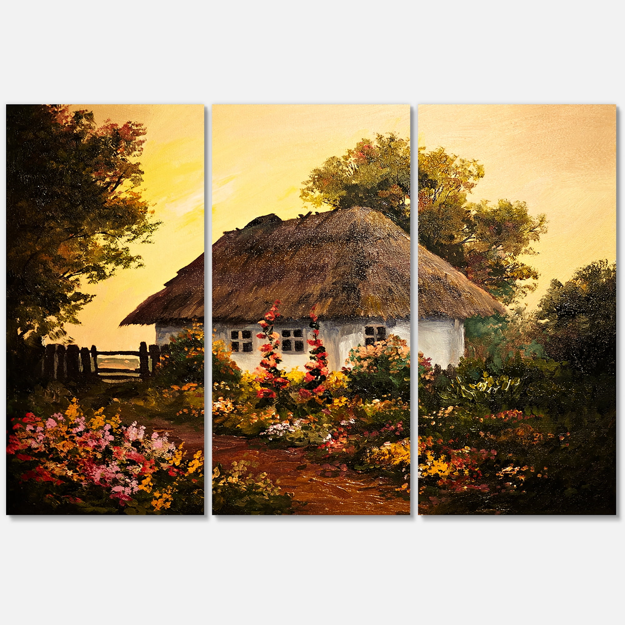 Designart ' Traditional Cottage At Sunset In Autumn Flowers ' Traditional Canvas Wall Art Print