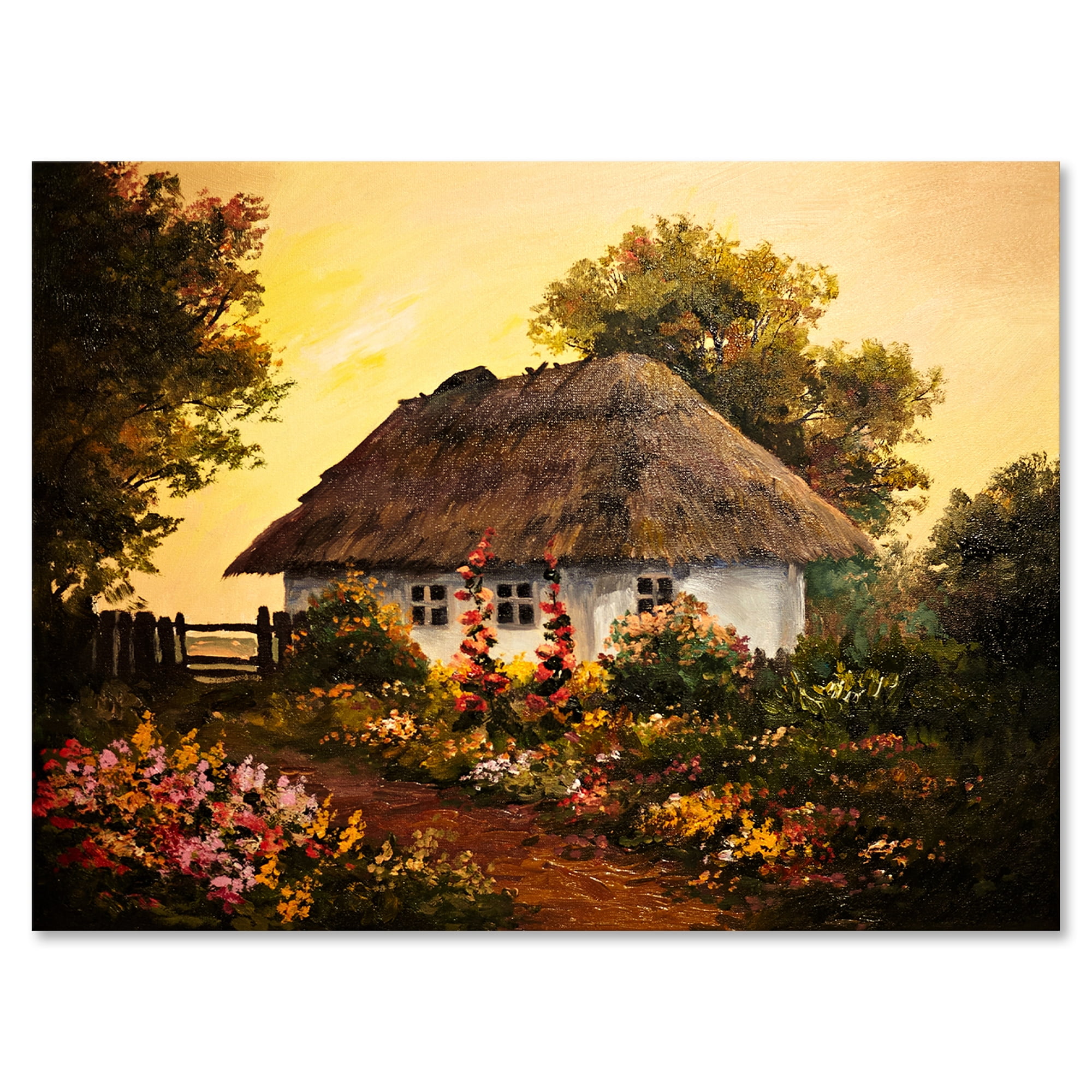 Designart ' Traditional Cottage At Sunset In Autumn Flowers ' Traditional Canvas Wall Art Print