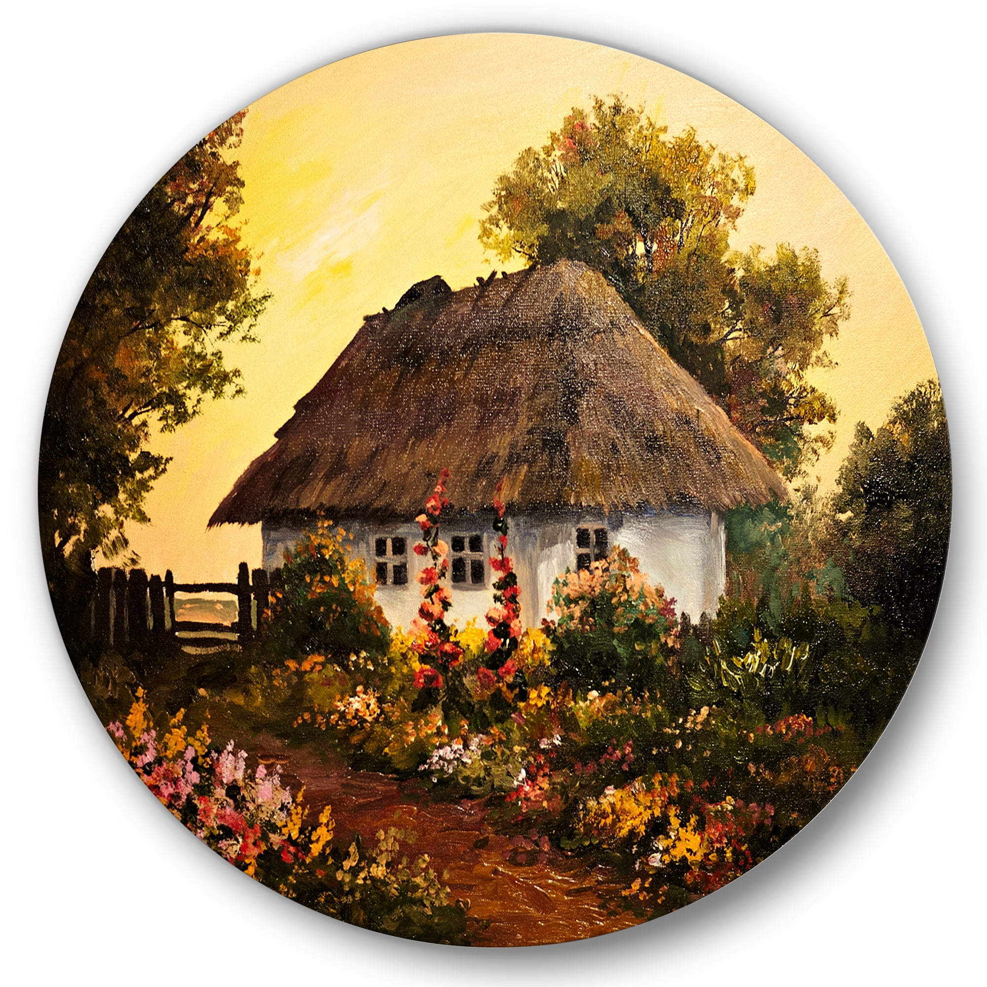 Designart 'Traditional Cottage At Sunset In Autumn Flowers' Traditional Circle Metal Wall Art 23x23 - Disc of 23