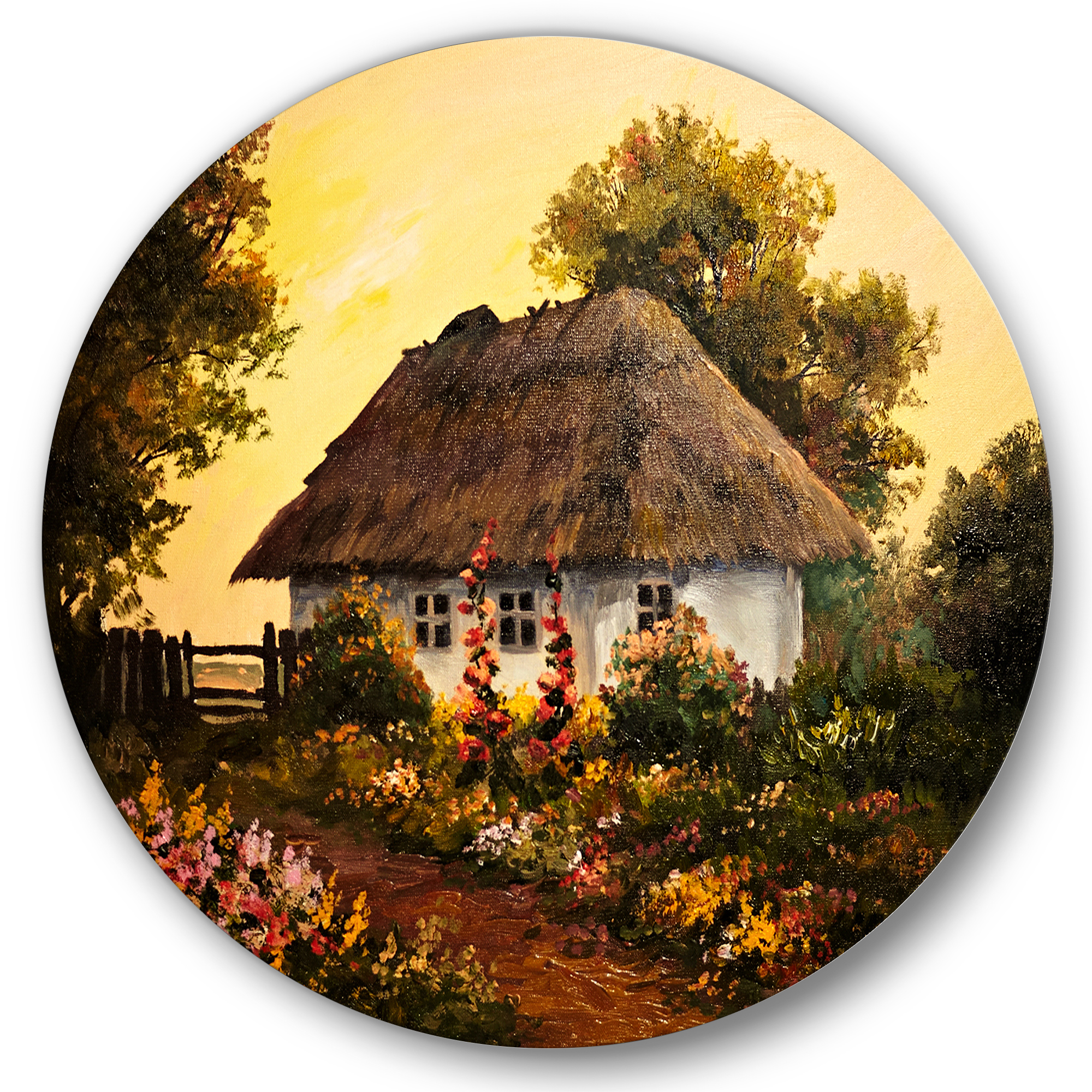 Designart 'Traditional Cottage At Sunset In Autumn Flowers' Traditional Circle Metal Wall Art 29x29 - Disc of 29