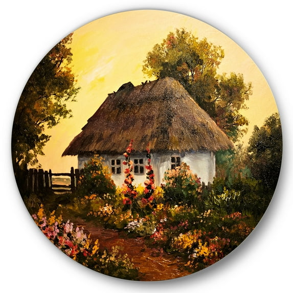 Designart 'Traditional Cottage At Sunset In Autumn Flowers' Traditional Circle Metal Wall Art 36x36 - Disc of 36