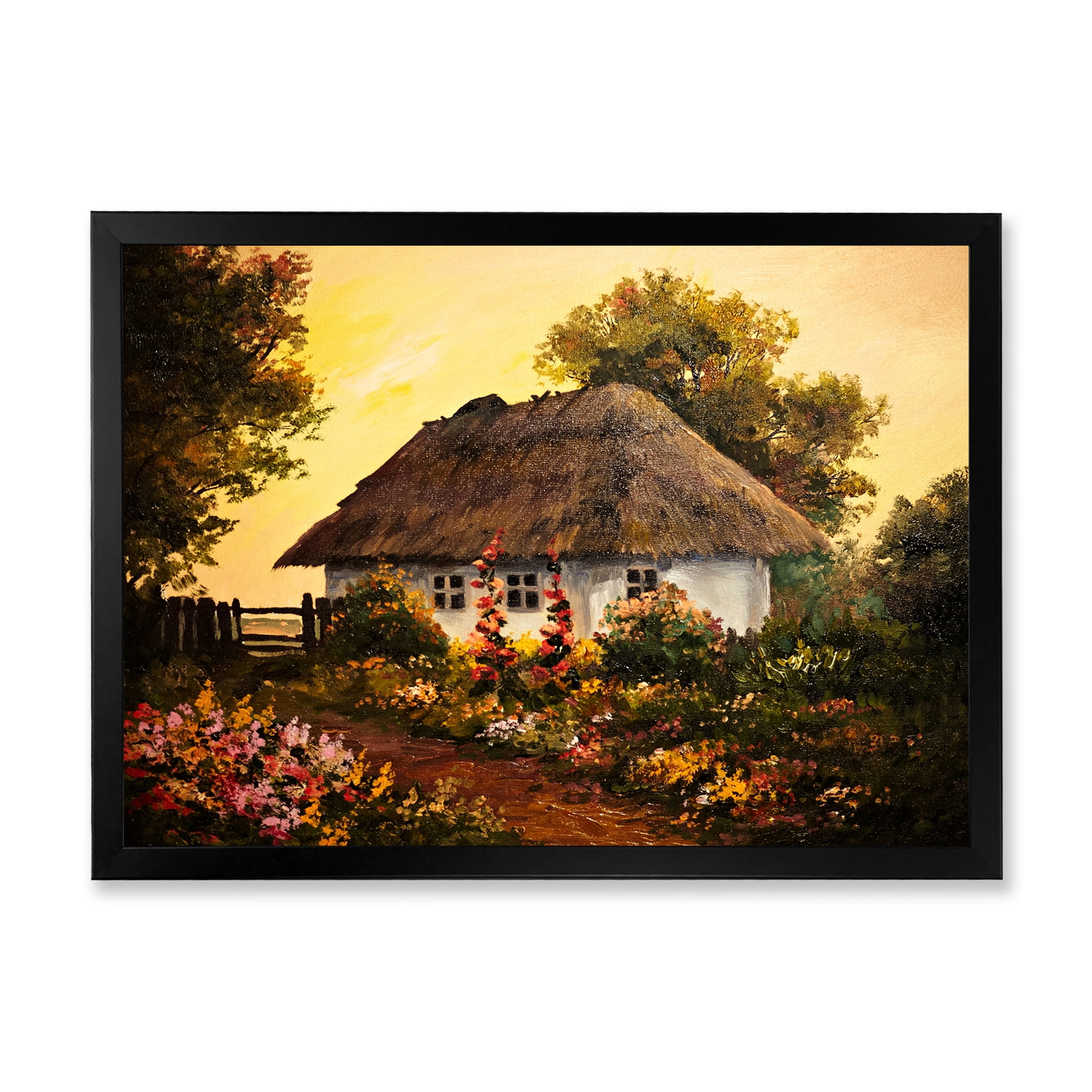 Designart 'Traditional Cottage At Sunset In Autumn Flowers' Traditional Framed Art Print