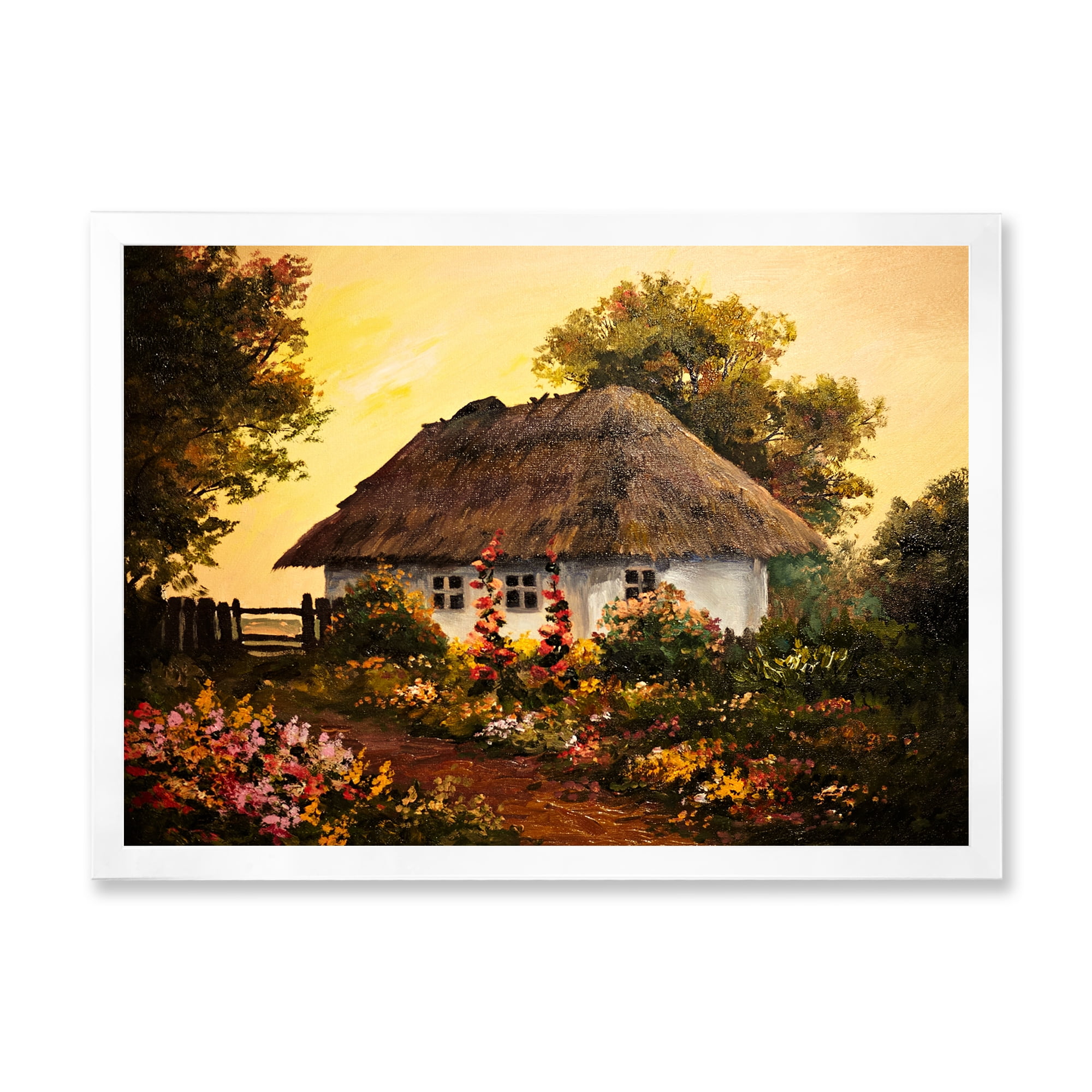Designart 'Traditional Cottage At Sunset In Autumn Flowers' Traditional Framed Art Print
