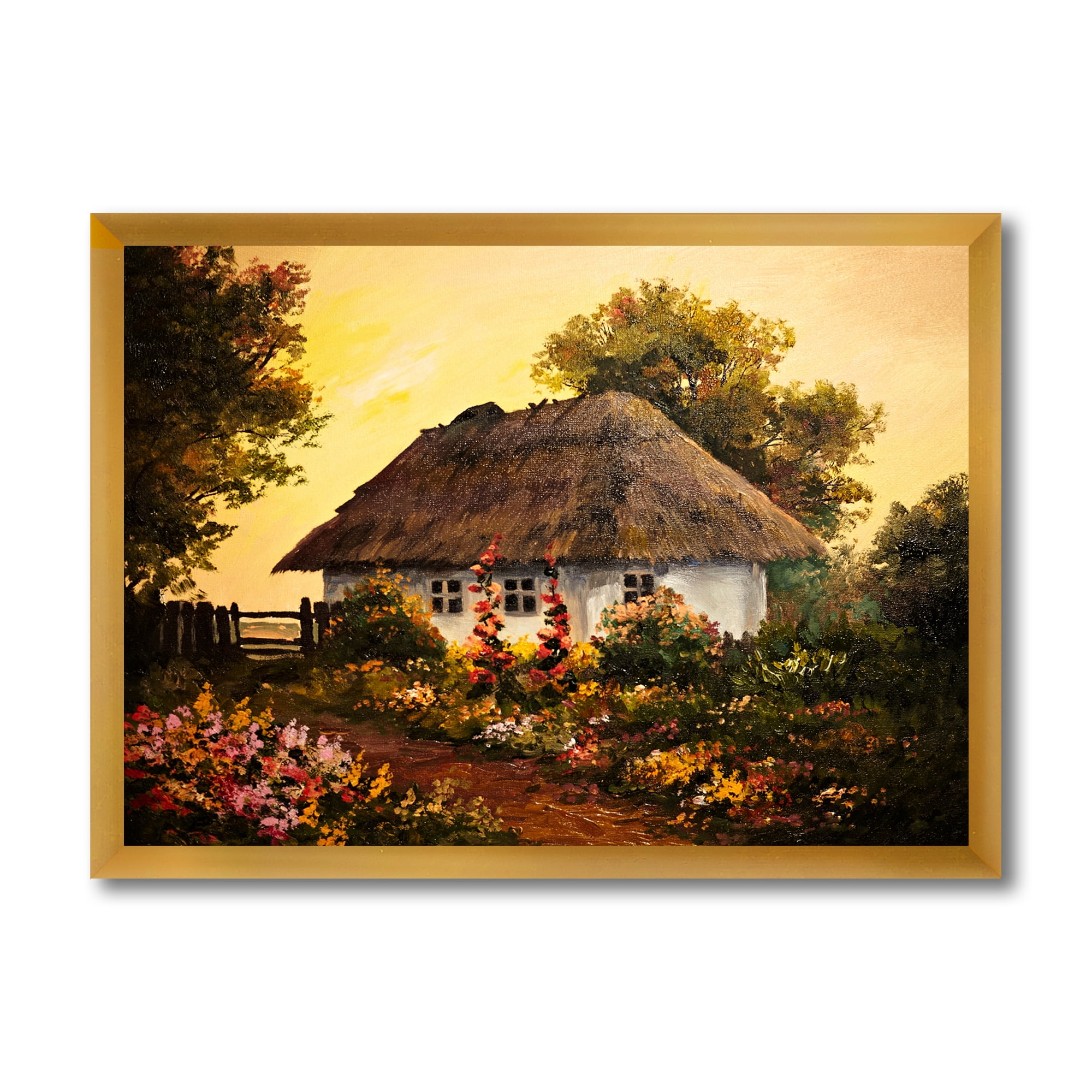Designart 'Traditional Cottage At Sunset In Autumn Flowers' Traditional Framed Art Print