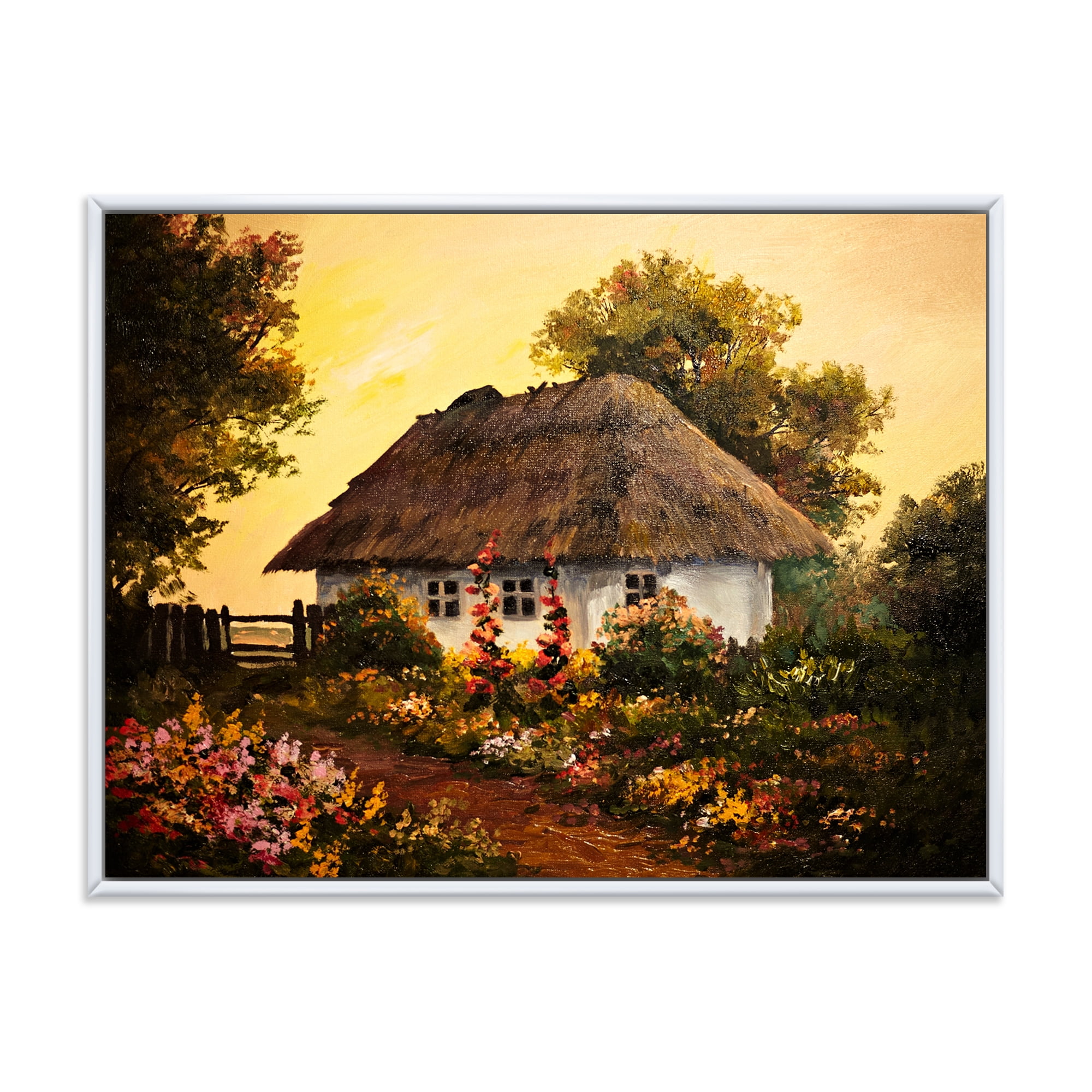 Designart 'Traditional Cottage At Sunset In Autumn Flowers' Traditional Framed Canvas Wall Art Print