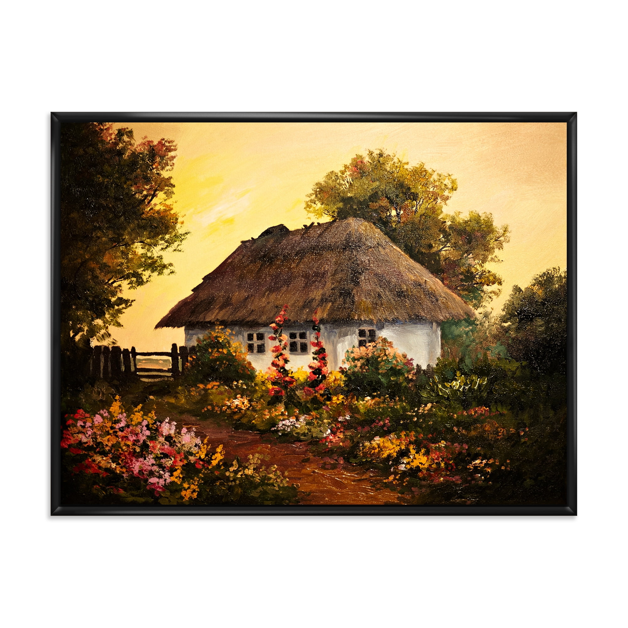 Designart 'Traditional Cottage At Sunset In Autumn Flowers' Traditional Framed Canvas Wall Art Print