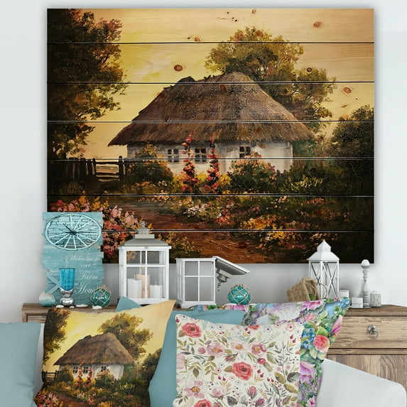 Designart 'Traditional Cottage At Sunset In Autumn Flowers' Traditional Print on Natural Pine Wood